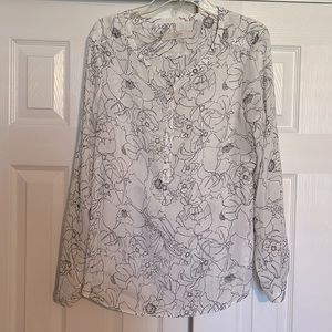 LOFT Semi-Shear Long Sleeve Blouse - Large
White with black floral design